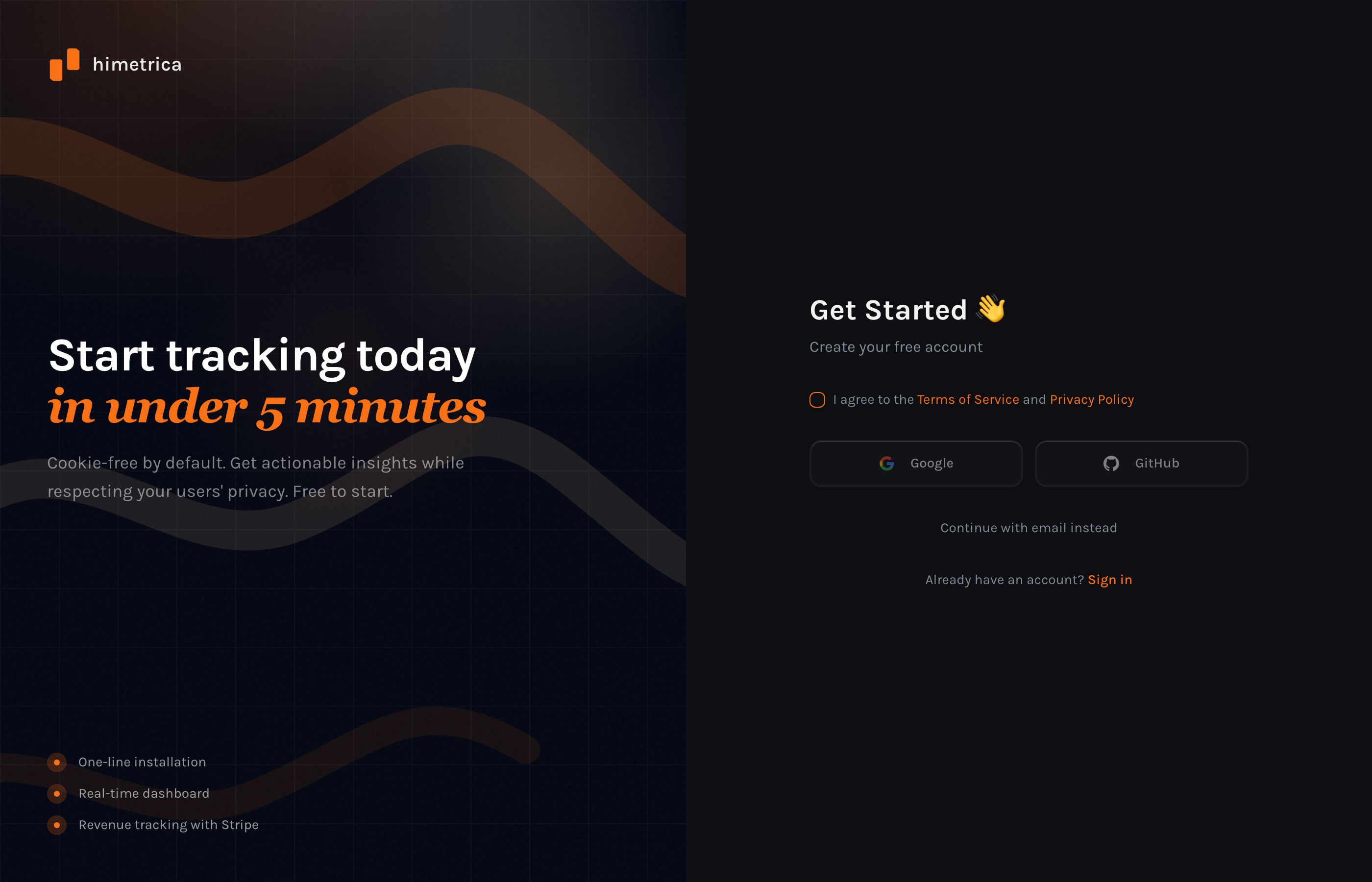 Himetrica signup page showing the Get Started form with Google, GitHub, and email options
