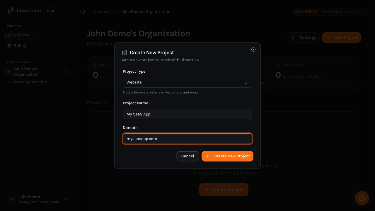 Create New Project dialog with fields for project type, name, and domain