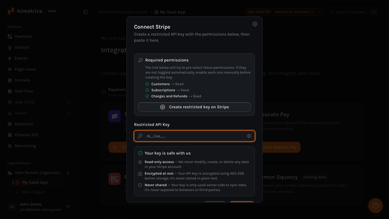 Connect Stripe dialog showing required permissions: Customers Read, Subscriptions Read, Charges and Refunds Read